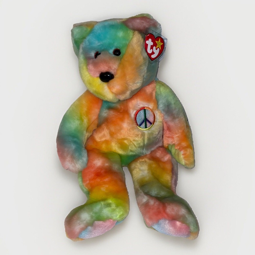 TY Beanie Buddy Large 14" Multicolored Peace Bear 1999-Retired Excellent Cond.‎